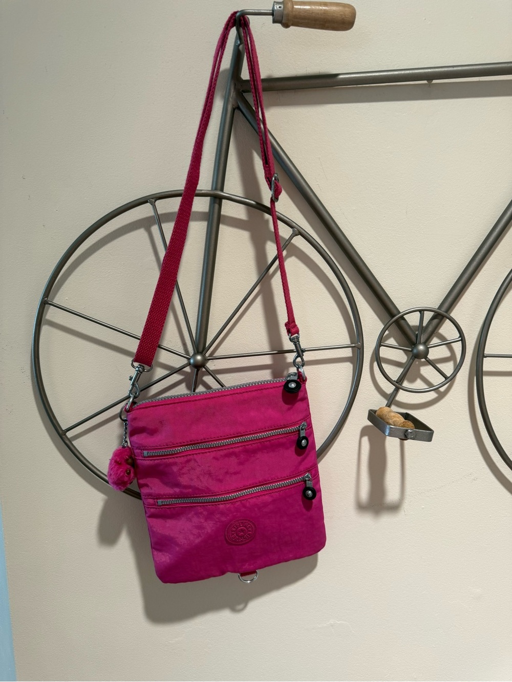 Kipling Pink Nylon Crossbody Bag / Shoulder Bag - Multi-Zip with Monkey Keychain